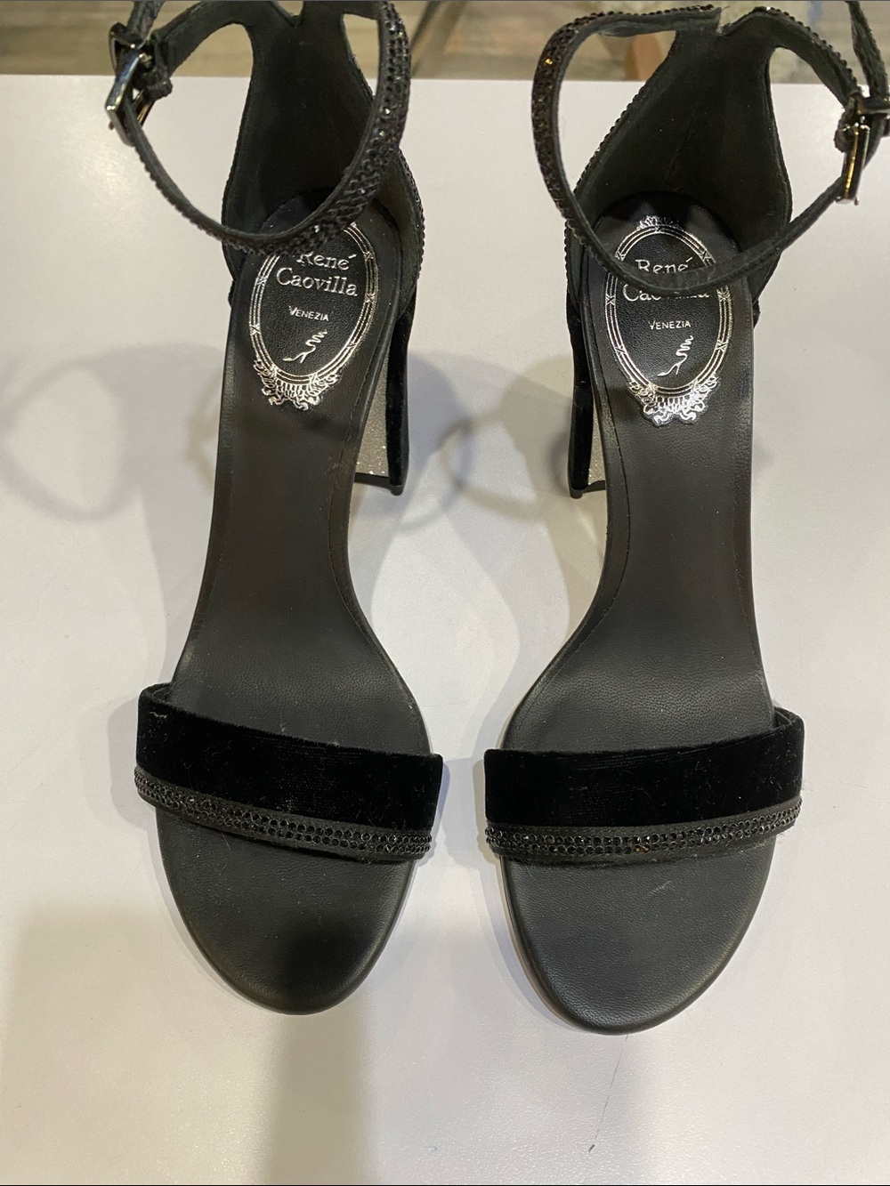 Rene Caovilla Black Velvet Ankle-Strap Stilettos with Crystal Trim.  Never worn.